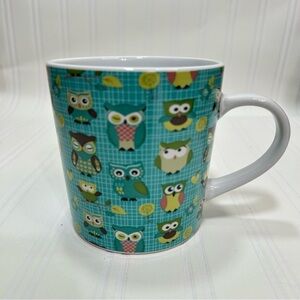THL Whimsical and Fun Owl Patterned Coffee or Tea Mug - Teal Green and White